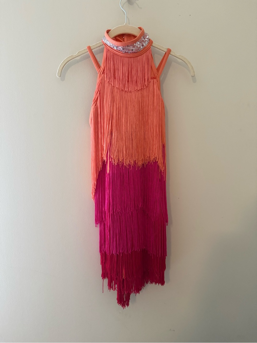Weissman Coral and Fuchsia Layered Fringe Dance Dress